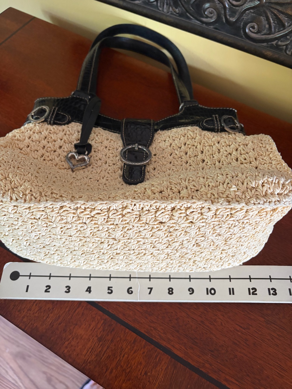 Brighton Straw Handbag with Black Croc-Leather Trim And Brighton Heart Charm - Picture 8 of 11